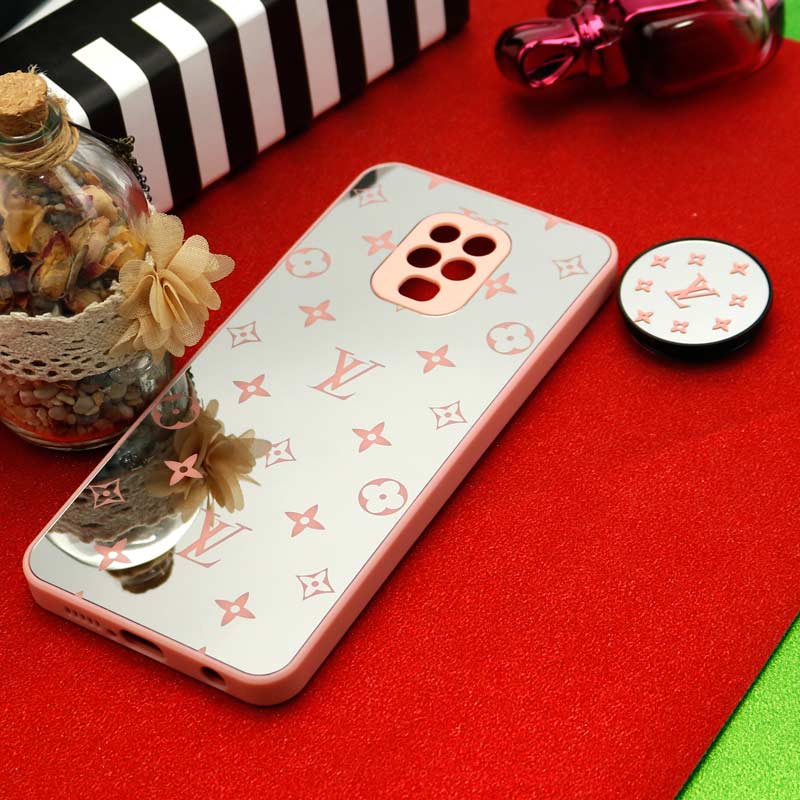 قاب محافظ لنزدار آینه ای + پاپ سوکت طرح LV صورتی Xiaomi Redmi Note 9S / Note 9 Pro