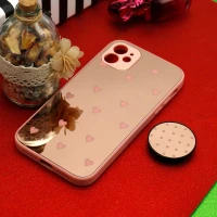 قاب محافظ لنزدار آینه ای + پاپ سوکت طرح قلب صورتی iPhone 11