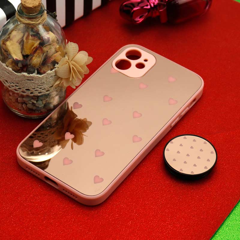قاب محافظ لنزدار آینه ای + پاپ سوکت طرح قلب صورتی iPhone 11