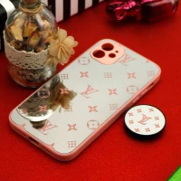 قاب محافظ لنزدار آینه ای + پاپ سوکت طرح LV صورتی iPhone 11