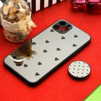 قاب محافظ لنزدار آینه ای + پاپ سوکت طرح قلب مشکی iPhone 11 Pro Max