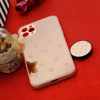 قاب محافظ لنزدار آینه ای + پاپ سوکت طرح قلب صورتی iPhone 11 Pro Max