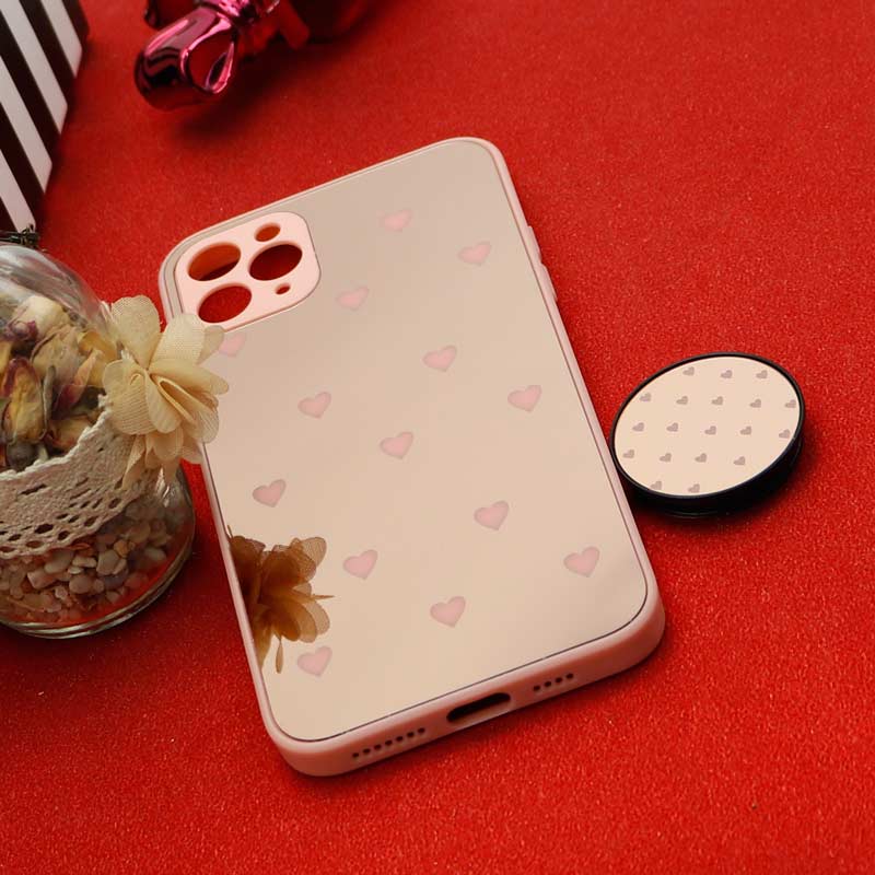 قاب محافظ لنزدار آینه ای + پاپ سوکت طرح قلب صورتی iPhone 11 Pro Max