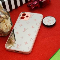قاب محافظ لنزدار آینه ای + پاپ سوکت طرح LV صورتی iPhone 12