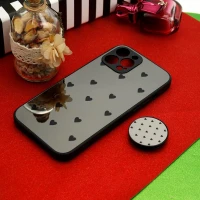قاب محافظ لنزدار آینه ای + پاپ سوکت طرح قلب مشکی iPhone 12 Pro Max