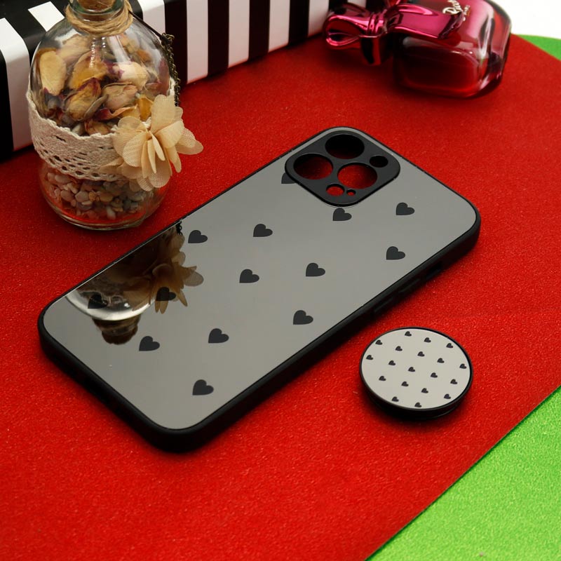 قاب محافظ لنزدار آینه ای + پاپ سوکت طرح قلب مشکی iPhone 12 Pro Max