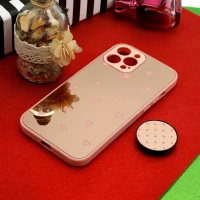 قاب محافظ لنزدار آینه ای + پاپ سوکت طرح قلب صورتی iPhone 12 Pro Max