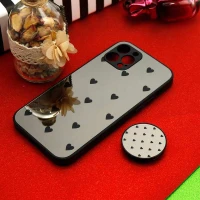 قاب محافظ لنزدار آینه ای + پاپ سوکت طرح قلب مشکی iPhone 12 Pro