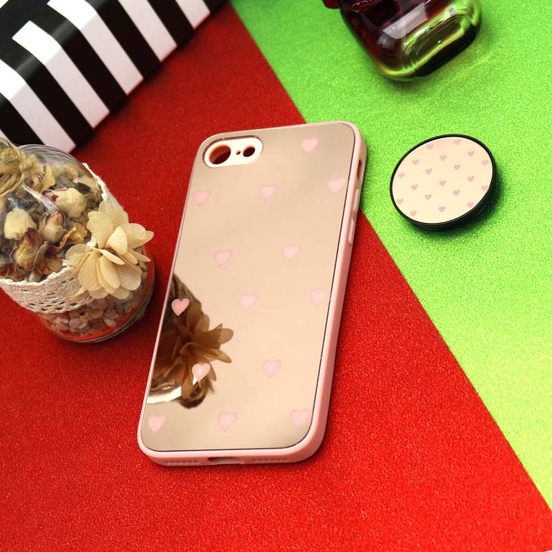 قاب محافظ لنزدار آینه ای + پاپ سوکت طرح قلب صورتی iPhone 7/8