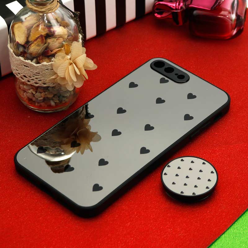 قاب محافظ لنزدار آینه ای + پاپ سوکت طرح قلب مشکی iPhone 7 Plus / 8 Plus