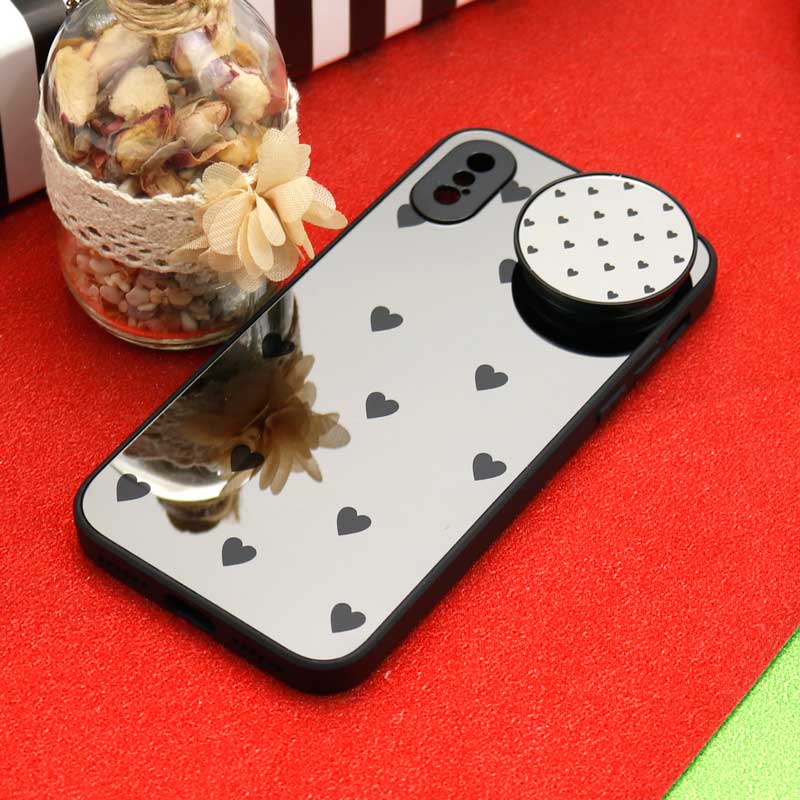 قاب محافظ لنزدار آینه ای + پاپ سوکت طرح قلب مشکی iPhone X/XS