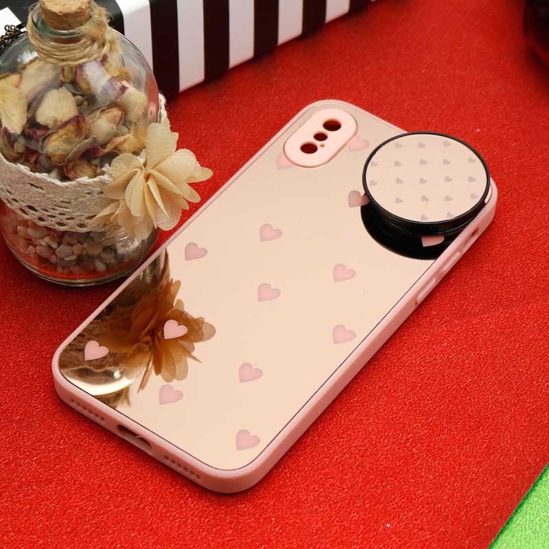 قاب محافظ لنزدار آینه ای + پاپ سوکت طرح قلب صورتی iPhone X/XS