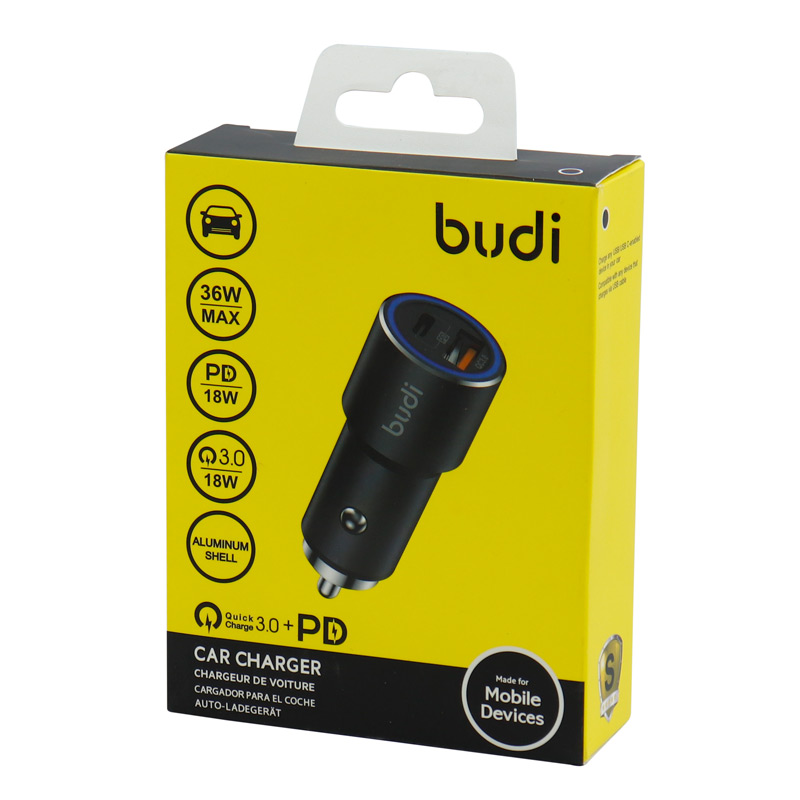 شارژر فندکی فست شارژ BUDI M8J628TQ-BLK QC3.0 PD 36W