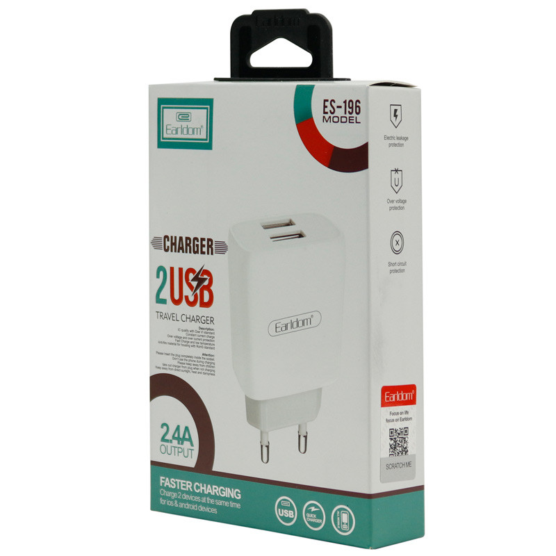 شارژر دیواری فست شارژ Earldom ES-196 2Port 2.4A + کابل آیفونی
