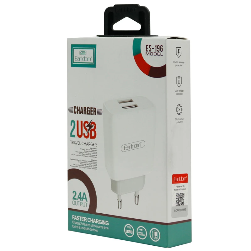 شارژر دیواری فست شارژ Earldom ES-196 2.4A + کابل میکرو یو اس بی