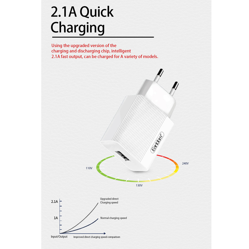 شارژر دیواری فست شارژ Earldom ES-201 2.1A + کابل Type-C