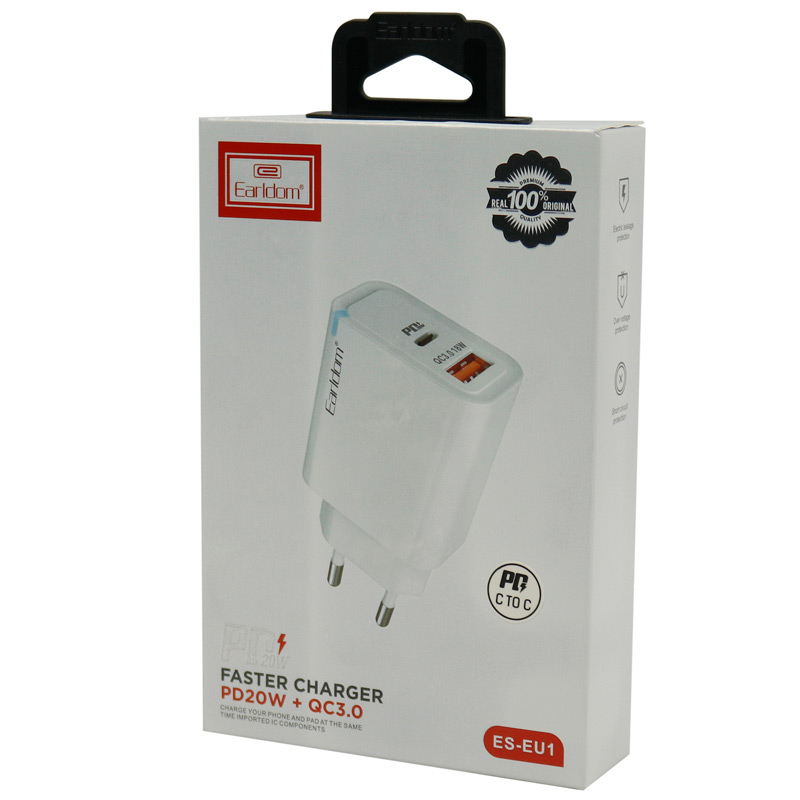 شارژر دیواری فست شارژ Earldom ES-EU2 2Port 3A QC3.0 PD 20W Type-C + کابل تبدیل Type-C