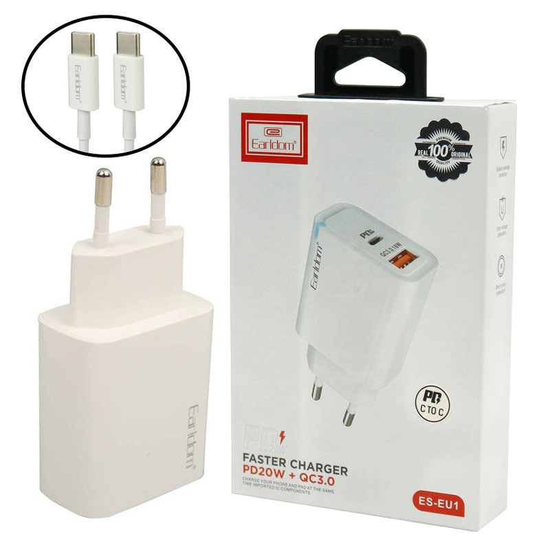 شارژر دیواری فست شارژ Earldom ES-EU2 2Port 3A QC3.0 PD 20W Type-C + کابل تبدیل Type-C