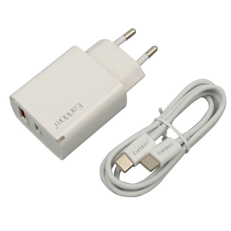 شارژر دیواری فست شارژ Earldom ES-EU2 2Port 3A QC3.0 PD 20W Type-C + کابل تبدیل Type-C