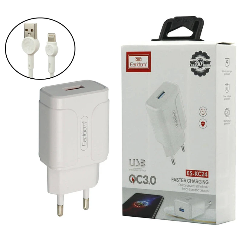 شارژر دیواری فست شارژ Earldom ES-KC24 2.4A QC3 12W + کابل آیفونی