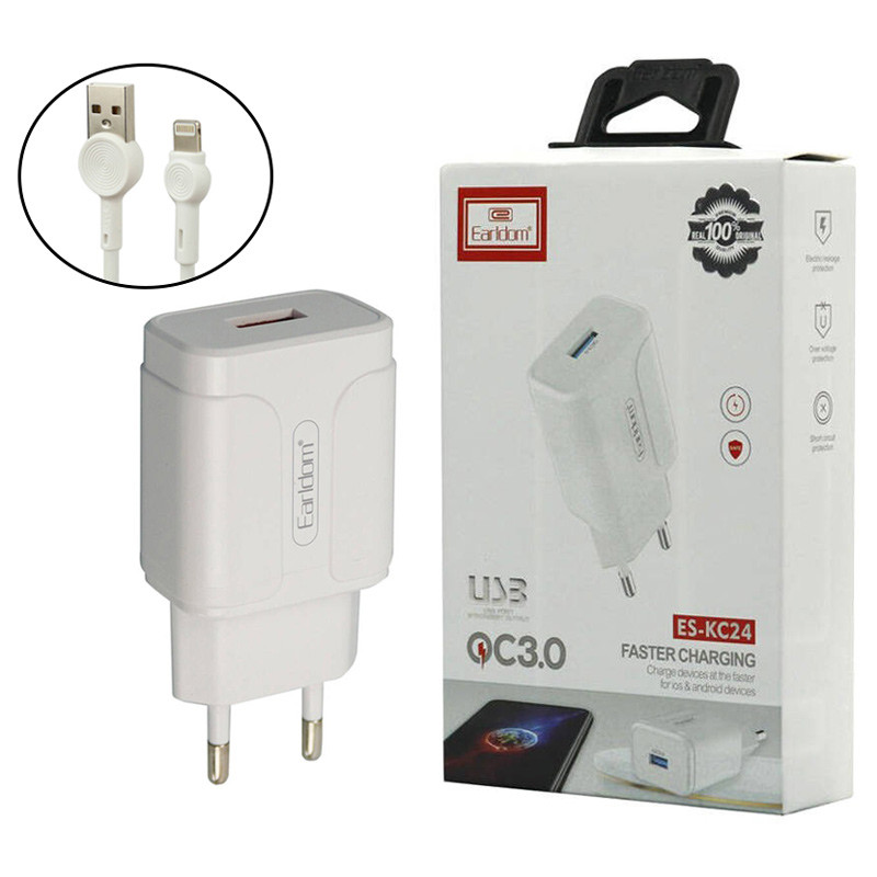 شارژر دیواری فست شارژ Earldom ES-KC24 2.4A QC3 12W + کابل آیفونی
