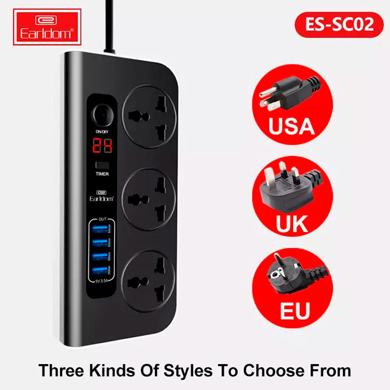 چند راهی 3 خانه برق ارلدام Earldom ES-SC02 با کابل 1٫8 متری + شارژر USB