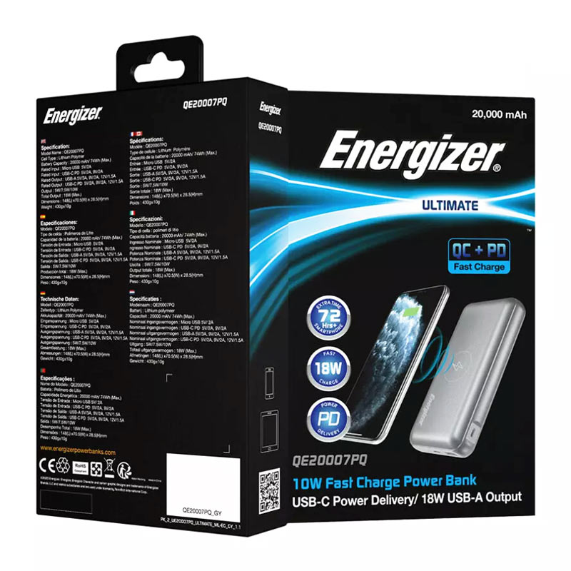 پاور بانک بی سیم فست شارژ 20000 انرجایزر Energizer QE20007PQ QC PD3.0 18W