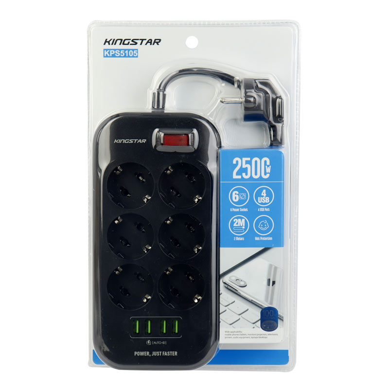 چند راهی 6 خانه برق ارت دار KingStar KPS5105 با کابل 2 متری + شارژر USB