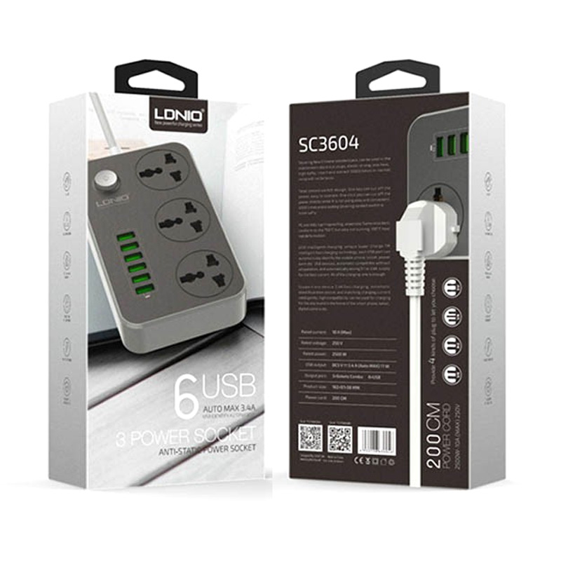 چند راهی 3 خانه برق الدینیو SC3604 با کابل 2 متری + شارژر USB