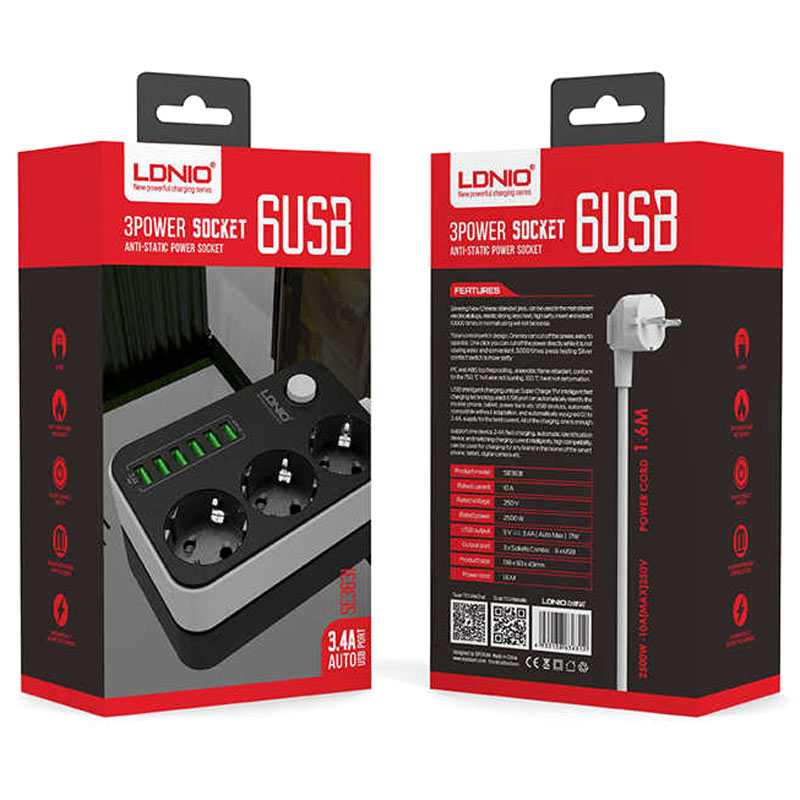 چند راهی 3 خانه برق الدینیو SE3631 با کابل 1٫6 متری + شارژر USB
