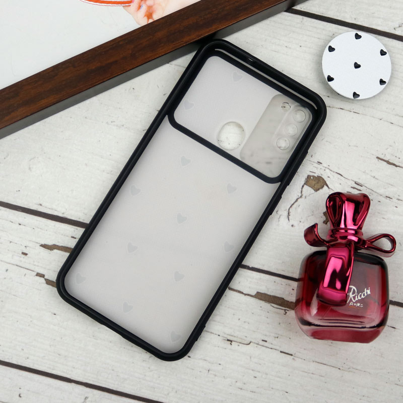 قاب طرحدار محافظ لنزدار کشویی + پاپ سوکت طرح قلب مشکی سامسونگ A11 سری B