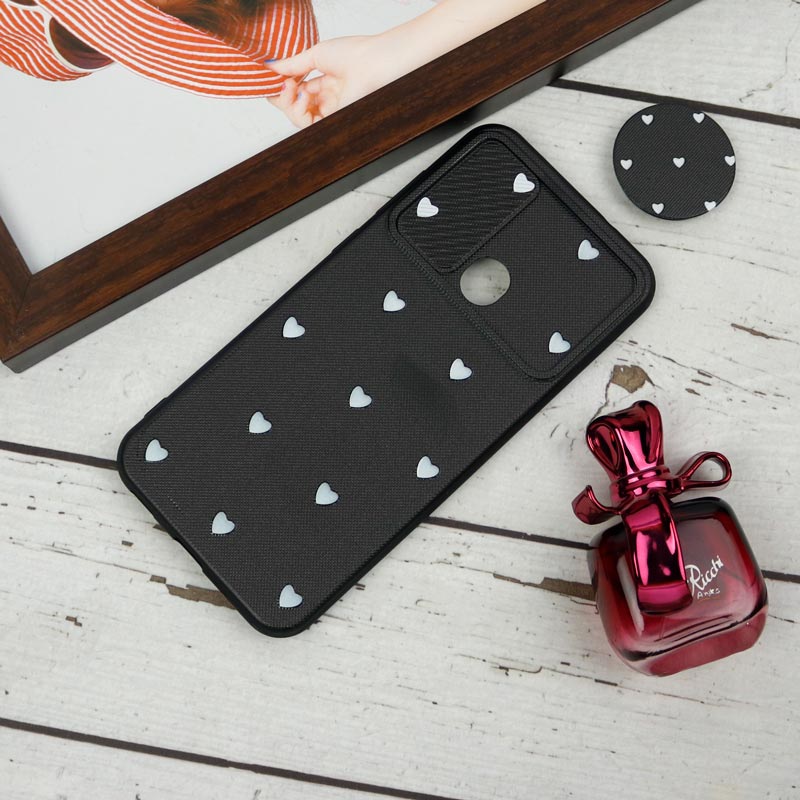 قاب طرحدار محافظ لنزدار کشویی + پاپ سوکت طرح قلب سفید سامسونگ A11 سری B