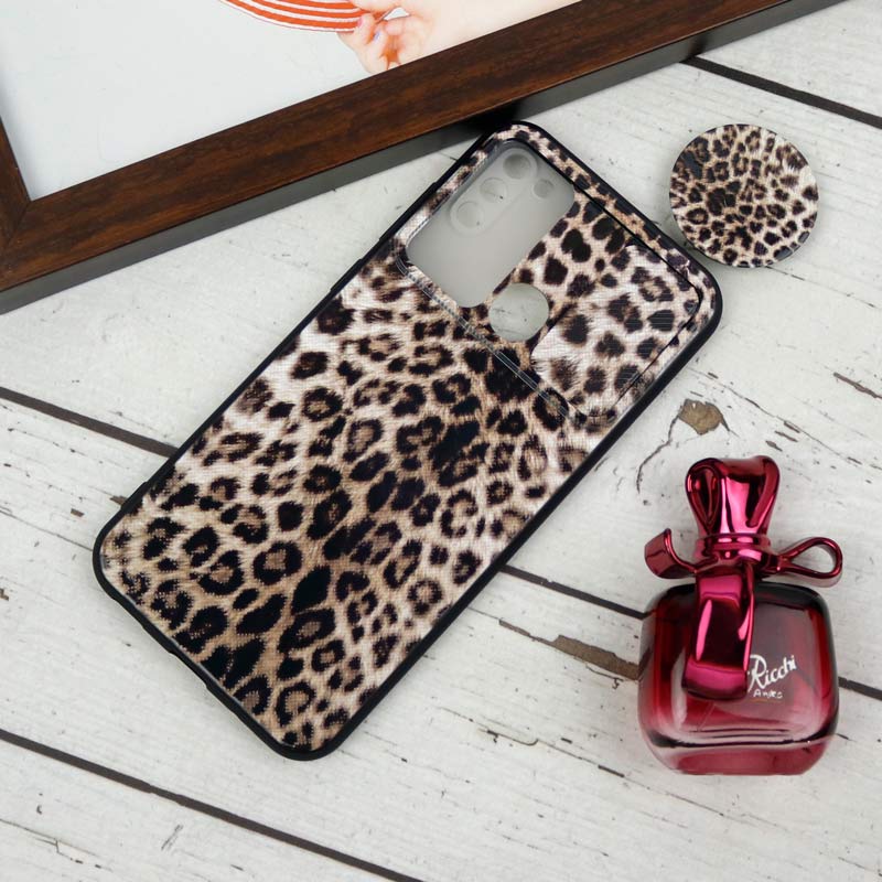 قاب طرحدار محافظ لنزدار کشویی + پاپ سوکت طرح پلنگی سامسونگ A11 سری B