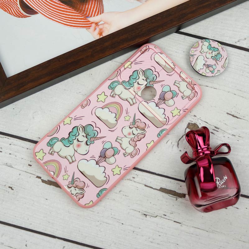 قاب طرحدار محافظ لنزدار کشویی + پاپ سوکت طرح یونیکورن سامسونگ A11 سری B