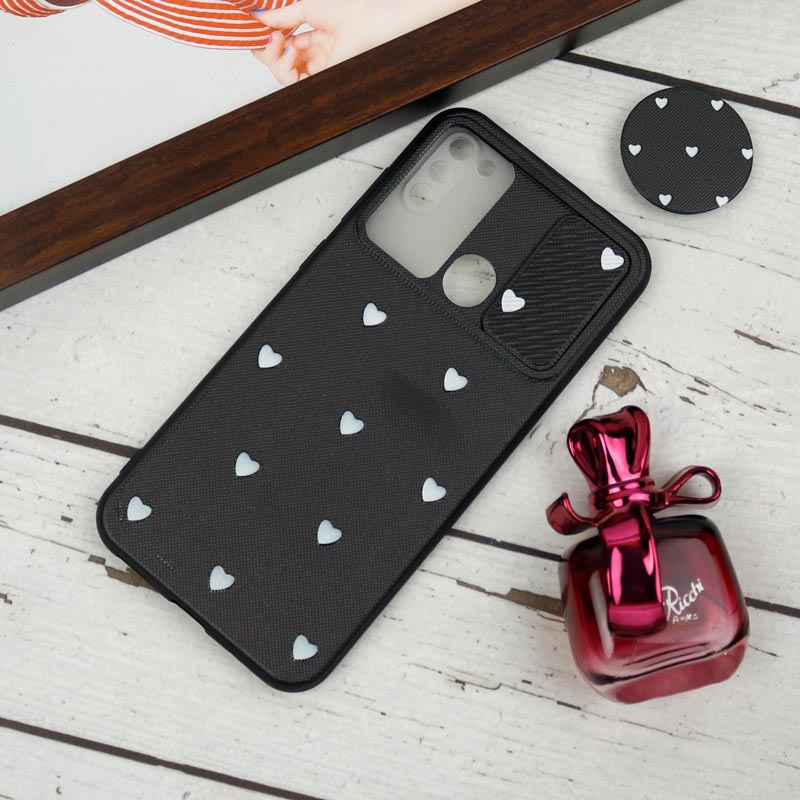 قاب طرحدار محافظ لنزدار کشویی + پاپ سوکت طرح قلب سفید سامسونگ A11 سری B