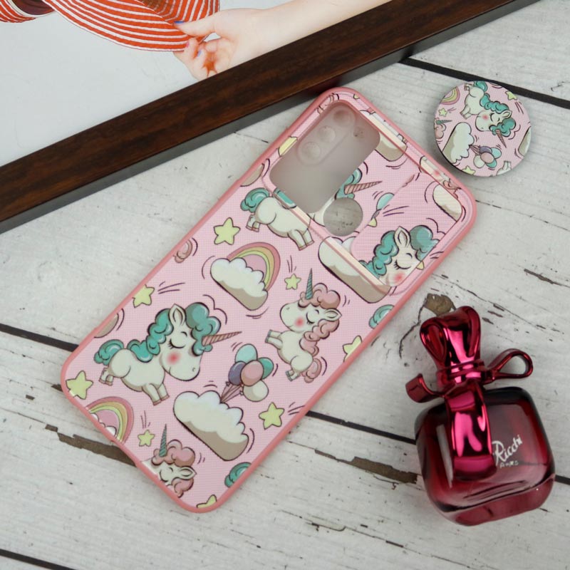 قاب طرحدار محافظ لنزدار کشویی + پاپ سوکت طرح یونیکورن سامسونگ A11 سری B