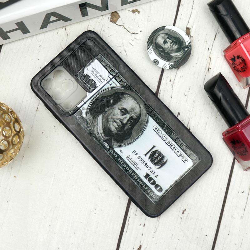 قاب طرحدار محافظ لنزدار کشویی + پاپ سوکت طرح دلار سامسونگ A22 4G سری B