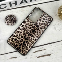 قاب طرحدار محافظ لنزدار کشویی + پاپ سوکت طرح پلنگی سامسونگ A32 4G سری B