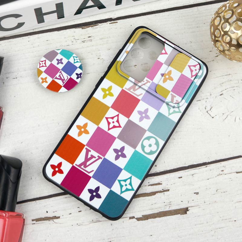 قاب طرحدار محافظ لنزدار کشویی + پاپ سوکت طرح LV رنگی سامسونگ Samsung Galaxy A52 / A52s سری B