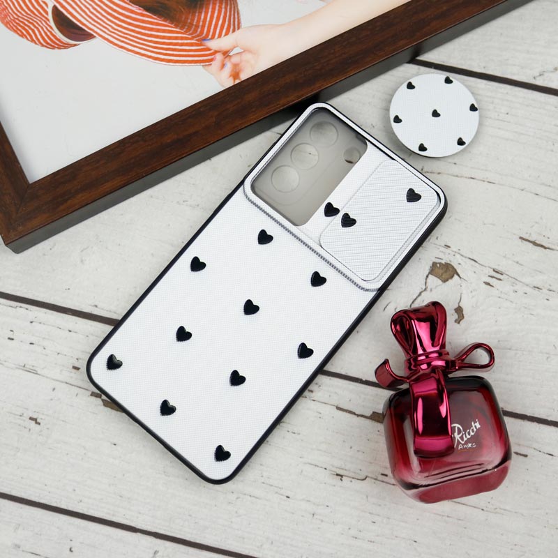 قاب طرحدار محافظ لنزدار کشویی + پاپ سوکت طرح قلب مشکی سامسونگ Samsung Galaxy S21 FE 5G سری B