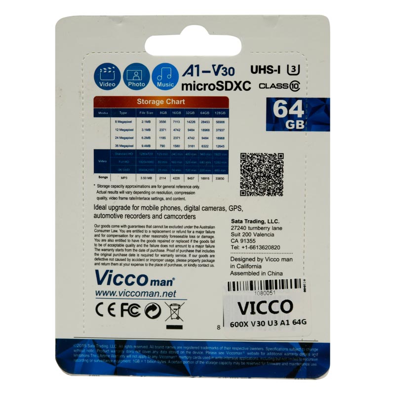 رم میکرو 64 گیگ ویکومن Vicco Man Final 600x Plus U3 V30 A1 90MB/s