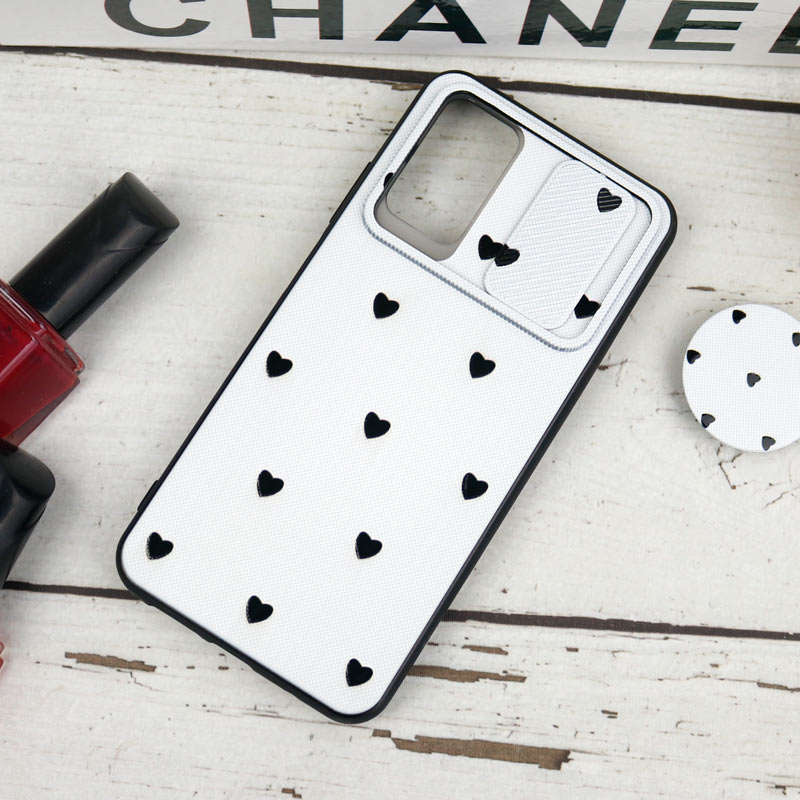 قاب طرحدار محافظ لنزدار کشویی + پاپ سوکت طرح قلب مشکی شیائومی Poco M3 سری B