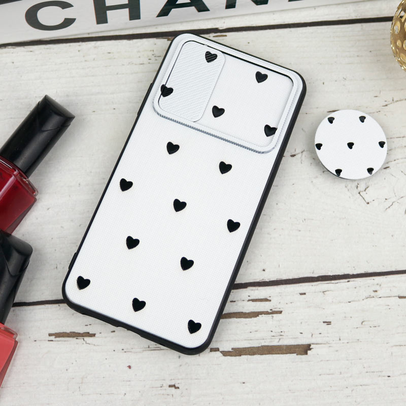 قاب طرحدار محافظ لنزدار کشویی + پاپ سوکت طرح قلب مشکی شیائومی Poco M3 سری B