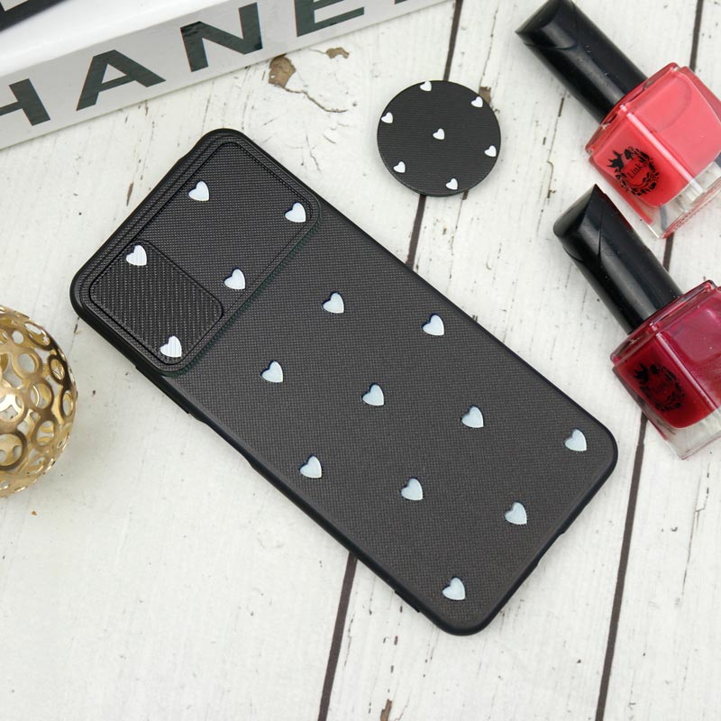 قاب طرحدار محافظ لنزدار کشویی + پاپ سوکت طرح قلب سفید شیائومی Poco M3 Pro سری B