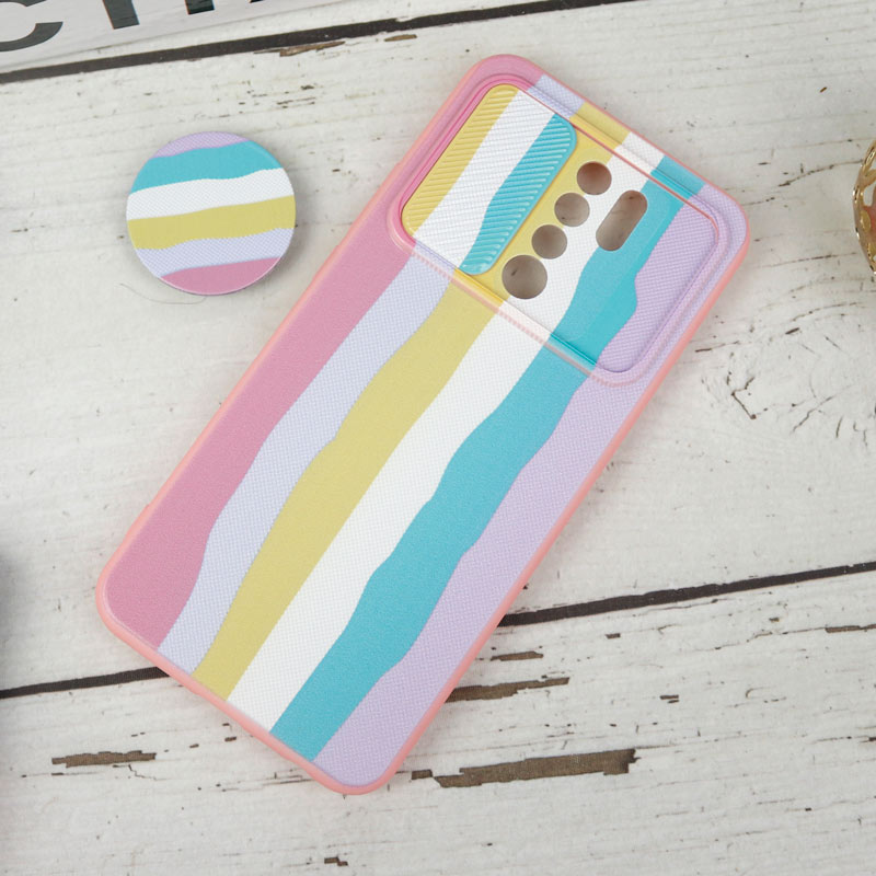 قاب طرحدار محافظ لنزدار کشویی + پاپ سوکت طرح رنگین کمان شیائومی Redmi 9 سری B