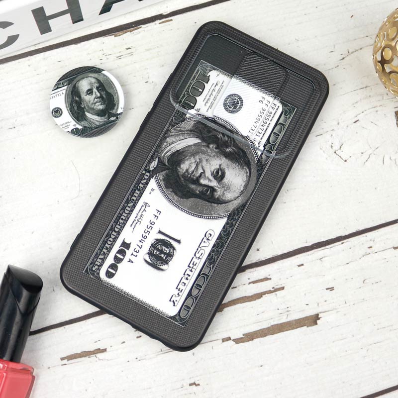 قاب طرحدار محافظ لنزدار کشویی + پاپ سوکت طرح دلار شیائومی Redmi 9 سری B