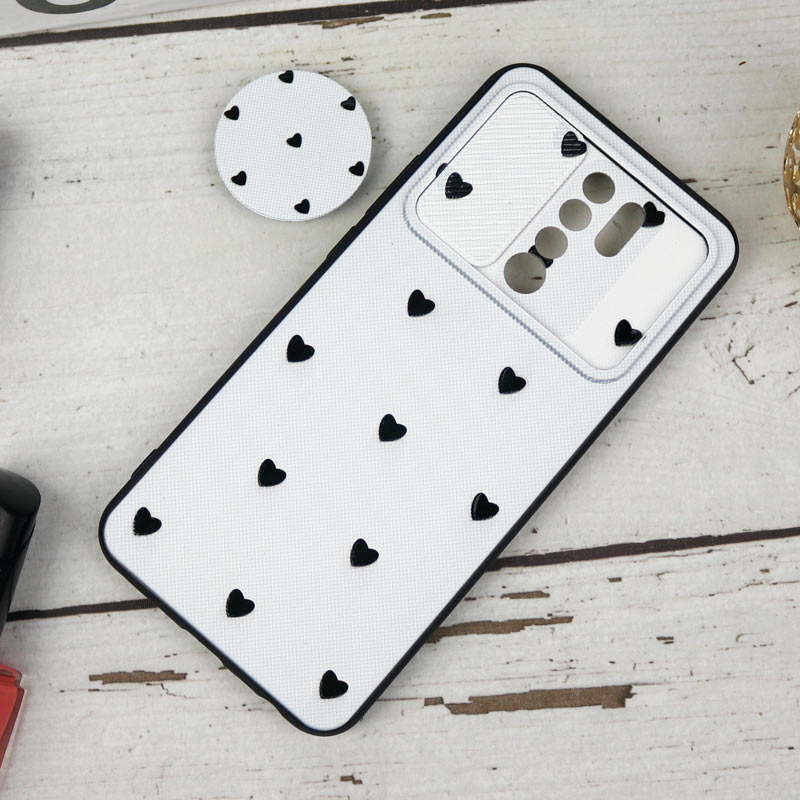 قاب طرحدار محافظ لنزدار کشویی + پاپ سوکت طرح قلب مشکی شیائومی Redmi 9 سری B