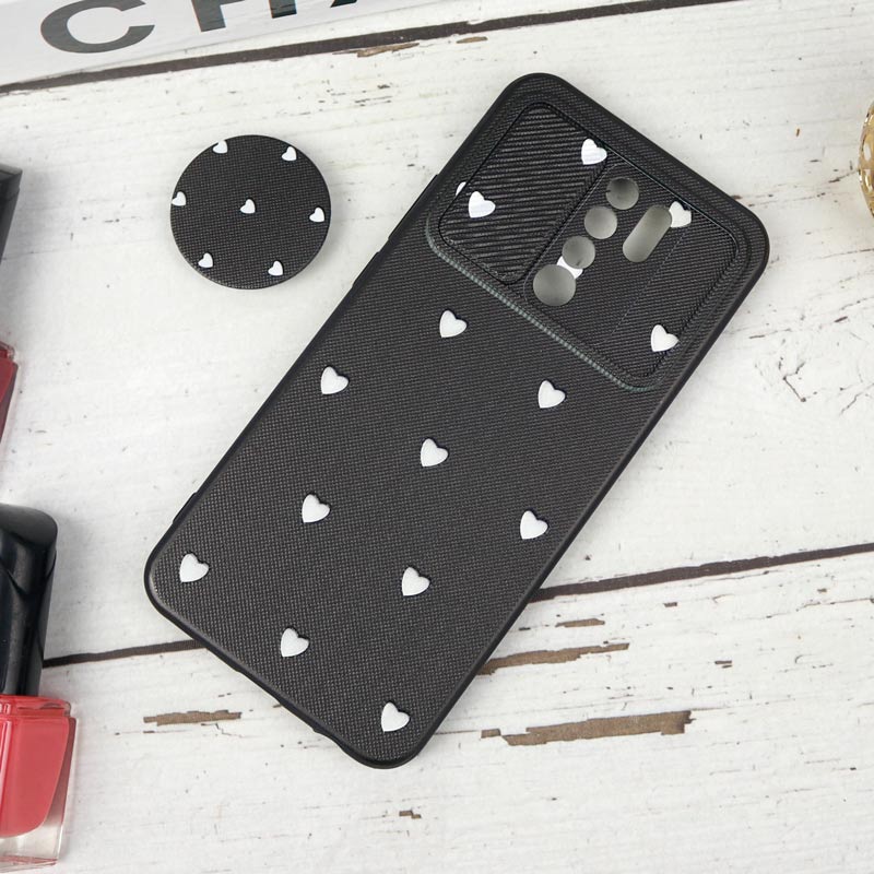 قاب طرحدار محافظ لنزدار کشویی + پاپ سوکت طرح قلب سفید شیائومی Redmi 9 سری B