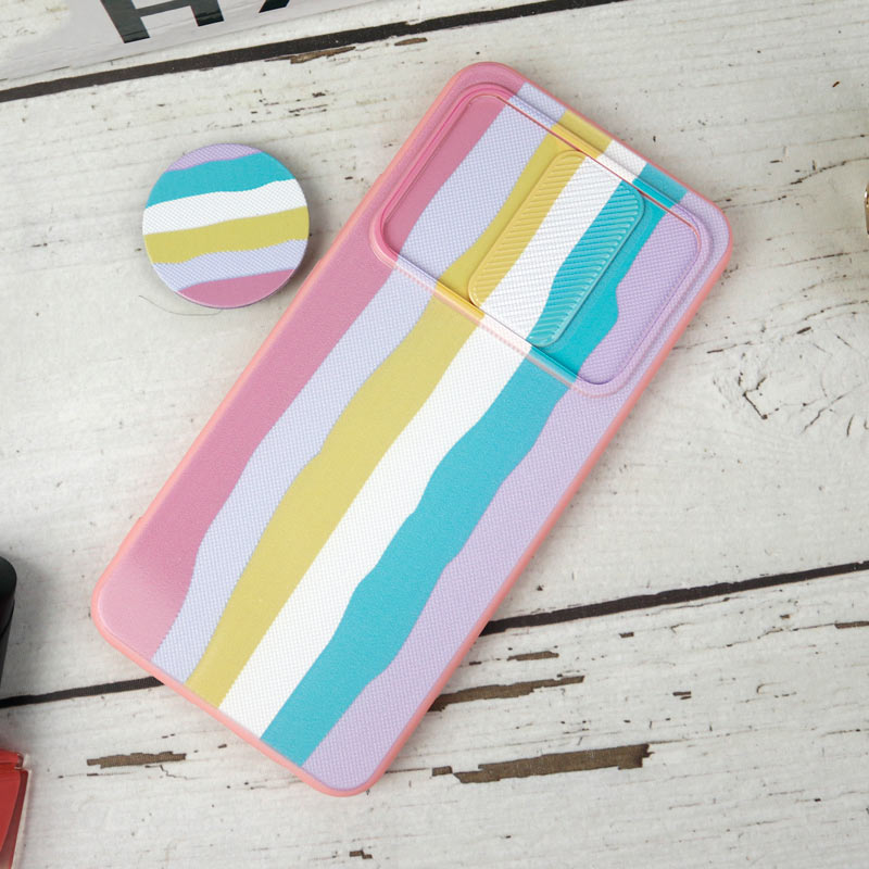 قاب طرحدار محافظ لنزدار کشویی + پاپ سوکت طرح رنگین کمان شیائومی Redmi 9 سری B