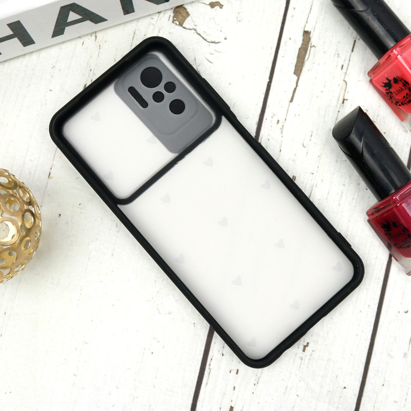 قاب طرحدار محافظ لنزدار کشویی + پاپ سوکت طرح قلب مشکی شیائومی Redmi Note 10 سری B